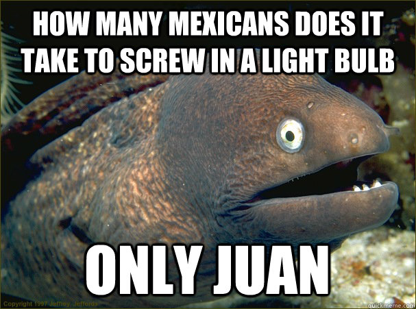 How many mexicans does it take to screw in a light bulb  Only juan - How many mexicans does it take to screw in a light bulb  Only juan  Bad Joke Eel