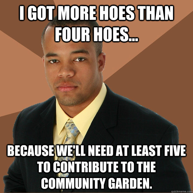 I got more hoes than four hoes... because we'll need at least five to contribute to the community garden.  Successful Black Man