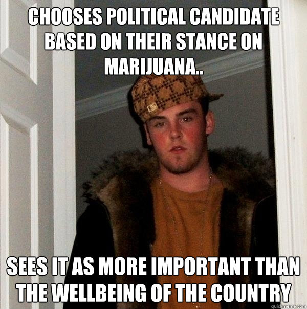 chooses political candidate based on their stance on marijuana.. sees it as more important than the wellbeing of the country  Scumbag Steve