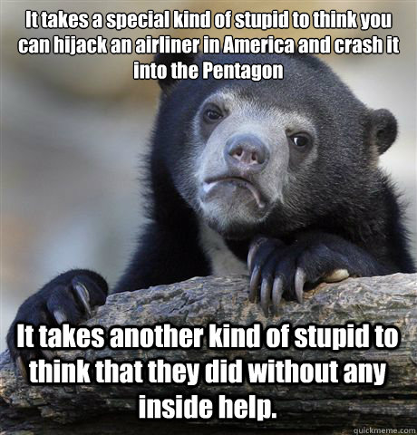 It takes a special kind of stupid to think you can hijack an airliner in America and crash it into the Pentagon
  It takes another kind of stupid to think that they did without any inside help.  Confession Bear