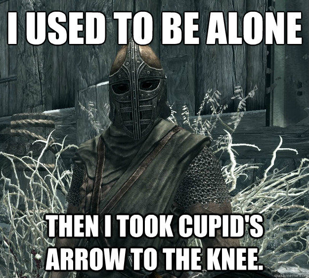 I used to be alone Then I took cupid's arrow to the knee.  Skyrim Guard