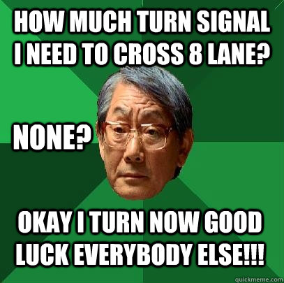 how much turn signal i need to cross 8 lane? none?  okay i turn now good luck everybody else!!!  High Expectations Asian Father