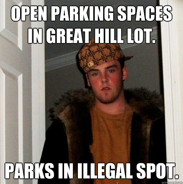 Open parking spaces in Great Hill Lot. Parks in illegal spot. - Open parking spaces in Great Hill Lot. Parks in illegal spot.  Scumbag Steve