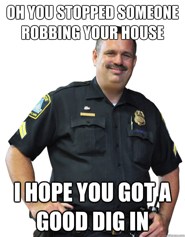 Oh you stopped someone robbing your house I hope you got a good dig in  Good Guy Cop