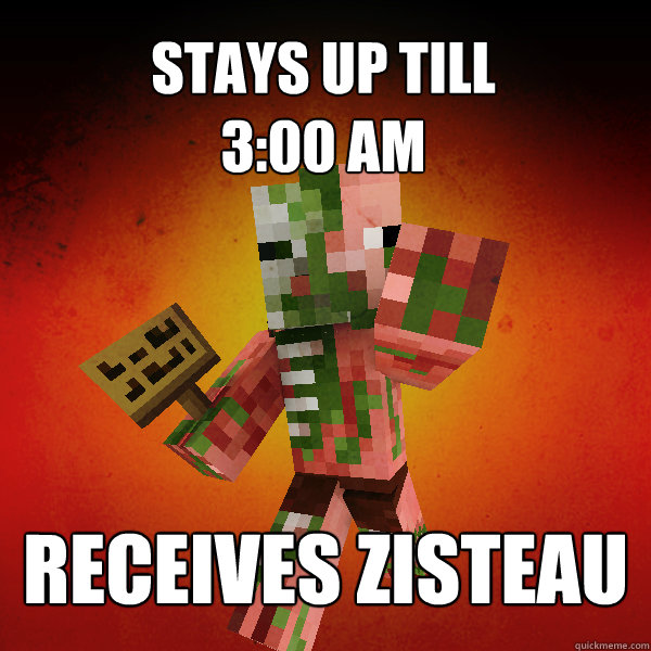 Stays up till 
3:00 am
 Receives zisteau
  Zombie Pigman Zisteau