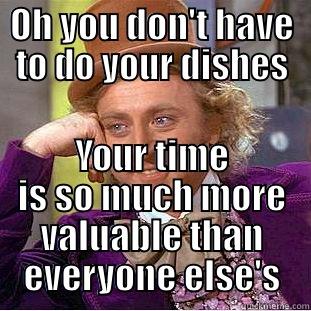 OH YOU DON'T HAVE TO DO YOUR DISHES YOUR TIME IS SO MUCH MORE VALUABLE THAN EVERYONE ELSE'S Condescending Wonka