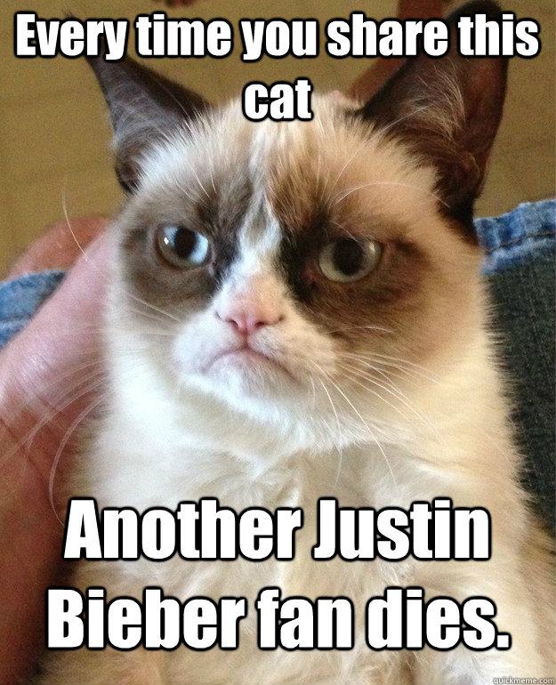 Every time you share this cat Another Justin Bieber fan dies.  Grumpy Cat