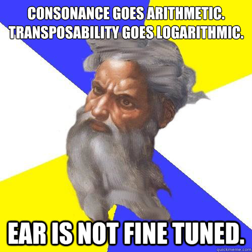 Consonance goes arithmetic.
Transposability goes logarithmic. Ear is not fine tuned. - Consonance goes arithmetic.
Transposability goes logarithmic. Ear is not fine tuned.  Advice God