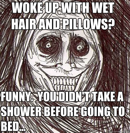 woke up with wet hair and pillows? funny.  you didn't take a shower before going to bed...  Horrifying Houseguest