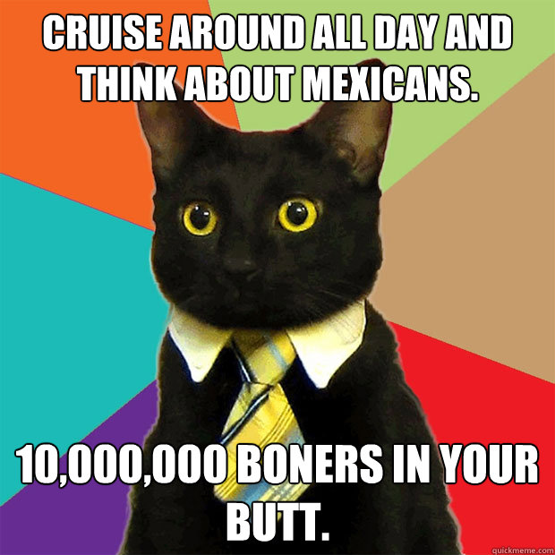 Cruise around all day and think about Mexicans. 10,000,000 boners in your butt.   Business Cat