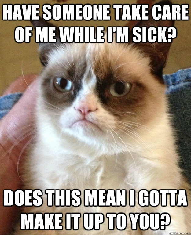 Have someone take care of me while I'm sick? Does this mean I gotta make it up to you?  Grumpy Cat