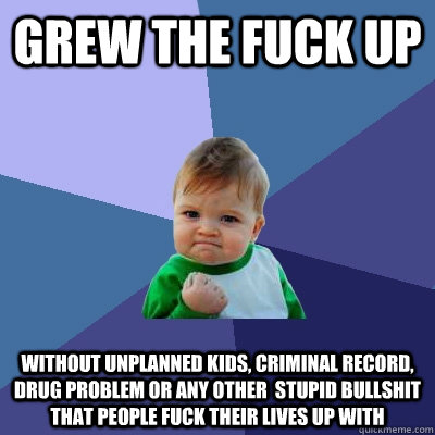 grew the fuck up without unplanned kids, criminal record, drug problem or any other  stupid bullshit that people fuck their lives up with  Success Kid