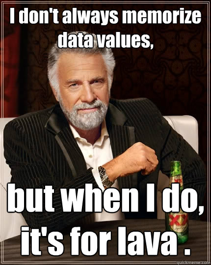 I don't always memorize data values, but when I do, it's for lava . - I don't always memorize data values, but when I do, it's for lava .  The Most Interesting Man In The World