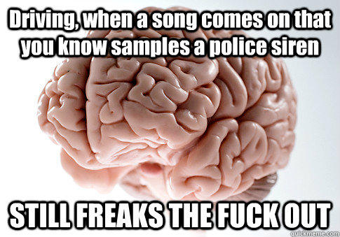 Driving, when a song comes on that you know samples a police siren STILL FREAKS THE FUCK OUT  - Driving, when a song comes on that you know samples a police siren STILL FREAKS THE FUCK OUT   Scumbag Brain