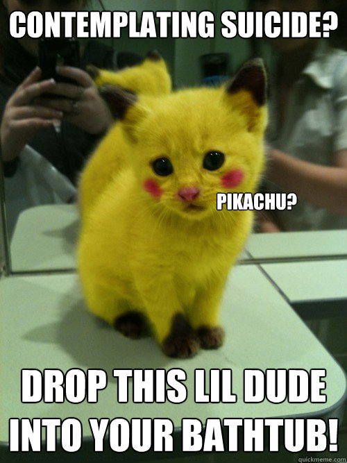 Contemplating suicide? drop this lil dude into your bathtub! Pikachu?  Pikachu Assisted Suicide