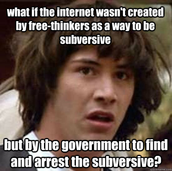 what if the internet wasn't created by free-thinkers as a way to be subversive but by the government to find and arrest the subversive? - what if the internet wasn't created by free-thinkers as a way to be subversive but by the government to find and arrest the subversive?  conspiracy keanu