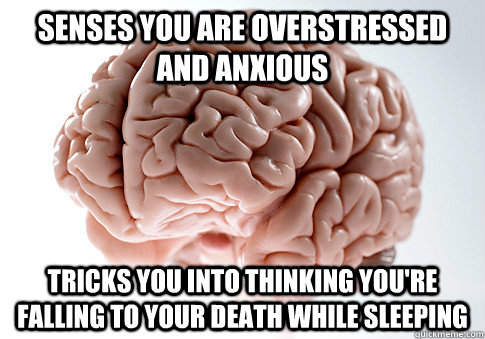 Senses you are overstressed and anxious Tricks you into thinking you're falling to your death while sleeping - Senses you are overstressed and anxious Tricks you into thinking you're falling to your death while sleeping  Scumbag Brain