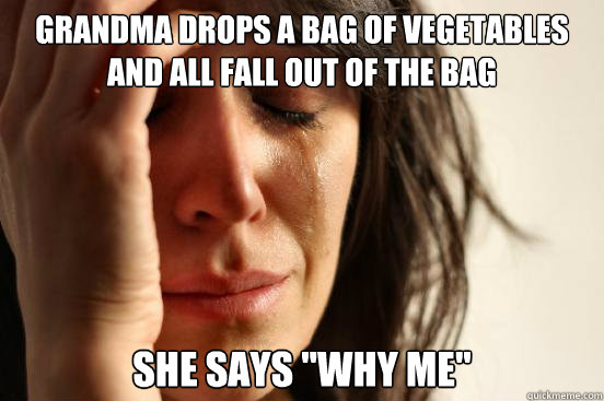 Grandma drops a bag of vegetables and all fall out of the bag She says 