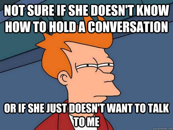 Not sure if she doesn't know how to hold a conversation Or if she just doesn't want to talk to me  Futurama Fry