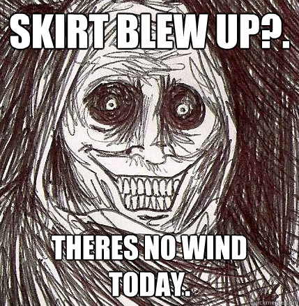 Skirt blew up?. theres no wind today.  Horrifying Houseguest