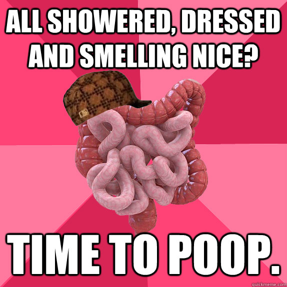 All showered, dressed and smelling nice? Time to poop.  Scumbag Intestines