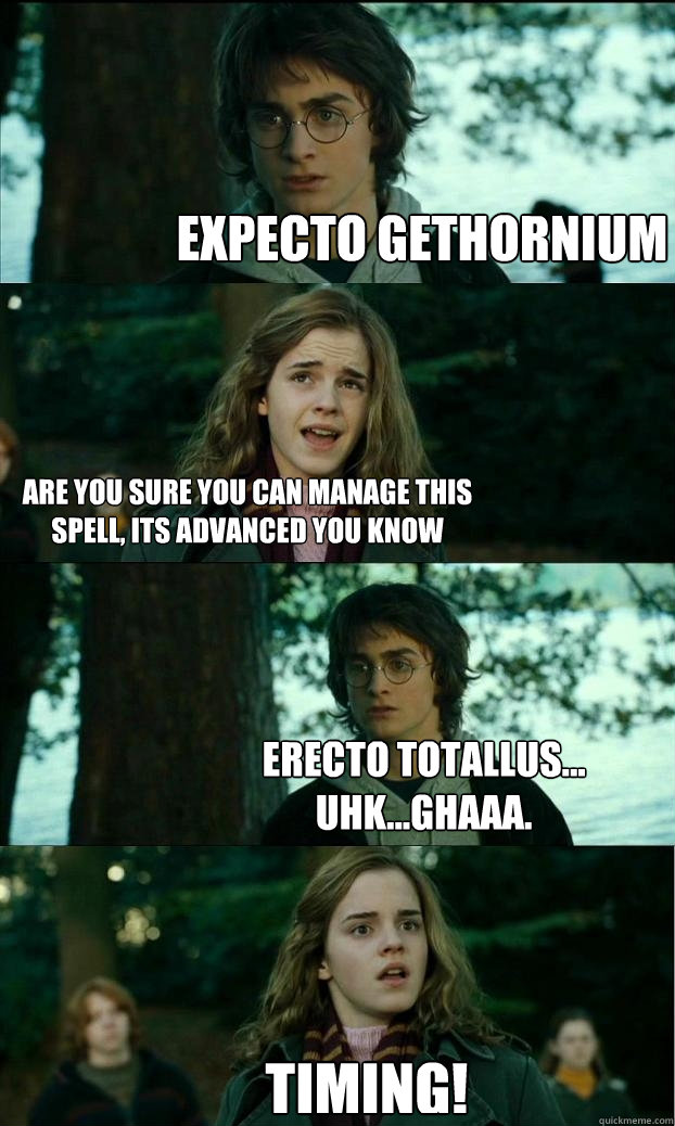 expecto gethornium are you sure you can manage this spell, its advanced you know erecto totallus... uhk...ghaaa.   TIMING!  Horny Harry