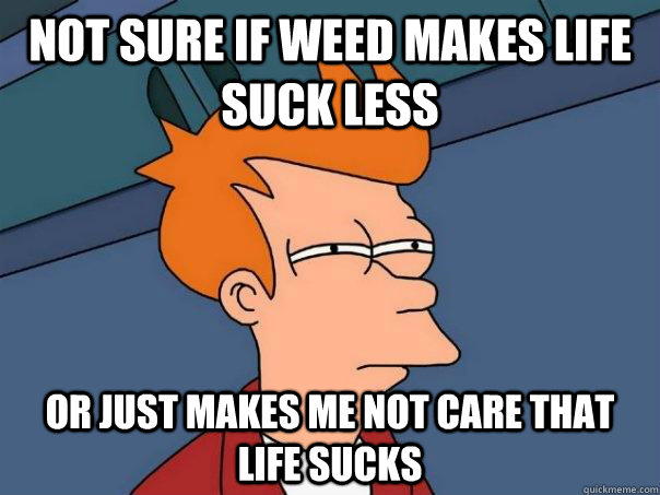 not sure if weed makes life suck less or just makes me not care that life sucks - not sure if weed makes life suck less or just makes me not care that life sucks  Futurama Fry