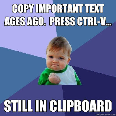 Copy important text ages ago.  Press ctrl-v... still in clipboard  Success Kid