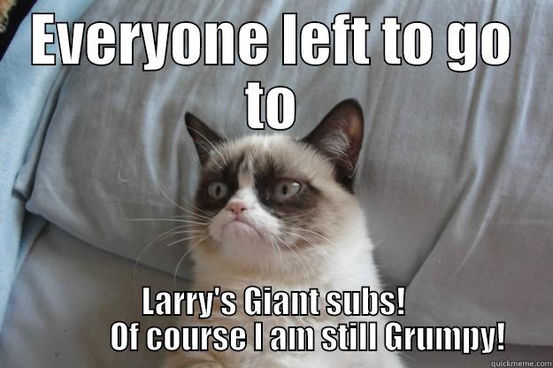 still grumpy - EVERYONE LEFT TO GO TO LARRY'S GIANT SUBS!            OF COURSE I AM STILL GRUMPY! Grumpy Cat