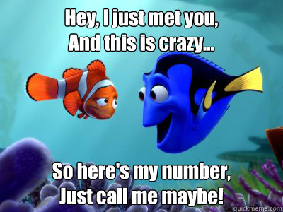 Hey, I just met you,
And this is crazy... So here's my number,
Just call me maybe! - Hey, I just met you,
And this is crazy... So here's my number,
Just call me maybe!  Dora and Nemo - Call Me Maybe