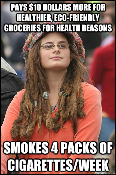 Pays $10 dollars more for healthier, eco-friendly groceries for health reasons Smokes 4 packs of cigarettes/week  College Liberal