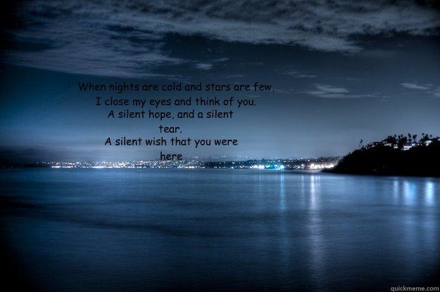 When nights are cold and stars are few,
I close my eyes and think of you.
 A silent hope, and a silent tear.  A silent wish that you were here  wish you were here