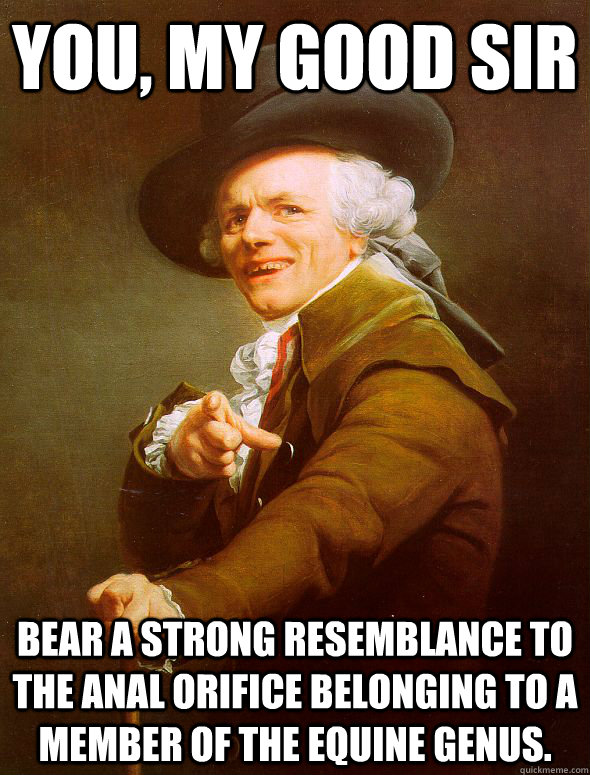 You, my good sir bear a strong resemblance to the anal orifice belonging to a member of the equine genus.  Joseph Ducreux