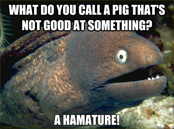 What do you call a pig that's not good at something? A Hamature!  Bad Joke Eel