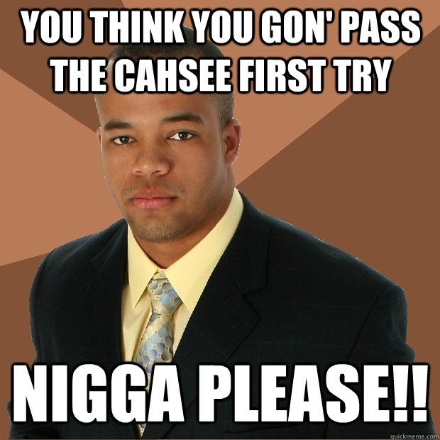 you think you gon' pass the CAHSEE first try nigga please!!  Successful Black Man