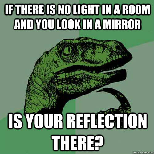 If there is no light in a room and you look in a mirror Is your reflection there? - If there is no light in a room and you look in a mirror Is your reflection there?  Philosoraptor