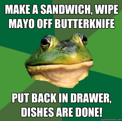 MAKE A SANDWICH, wipe mayo off butterknife put back in drawer, dishes are done!  Foul Bachelor Frog