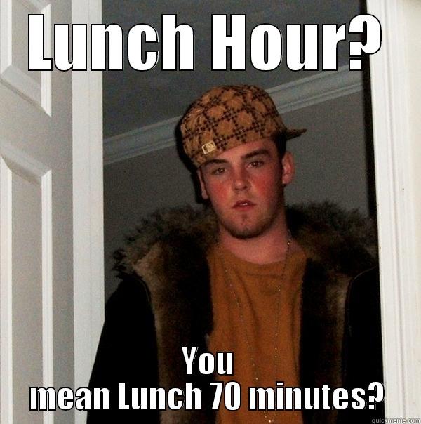 Gogoplata Meme Lunch - LUNCH HOUR? YOU MEAN LUNCH 70 MINUTES? Scumbag Steve