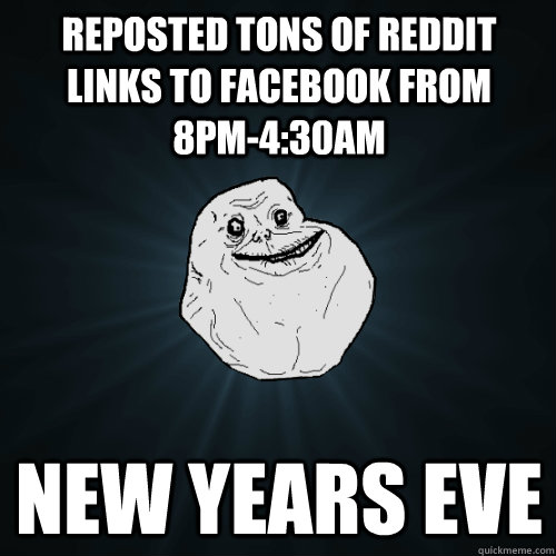 Reposted tons of reddit links to facebook from   8PM-4:30am new years eve  Forever Alone