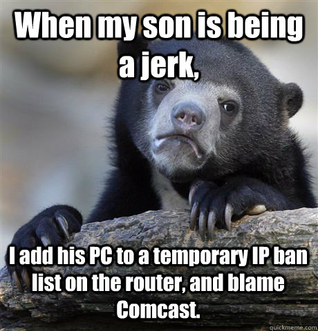 When my son is being a jerk, I add his PC to a temporary IP ban list on the router, and blame Comcast.   Confession Bear