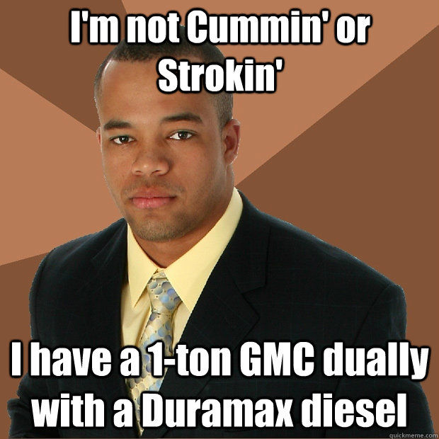 I'm not Cummin' or Strokin' I have a 1-ton GMC dually with a Duramax diesel  Successful Black Man