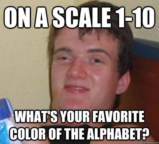 On a scale 1-10 what's your favorite color of the alphabet?  Really High Guy