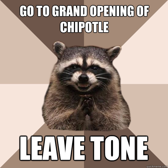 go to grand opening of chipotle  Leave Tone  Evil Plotting Raccoon