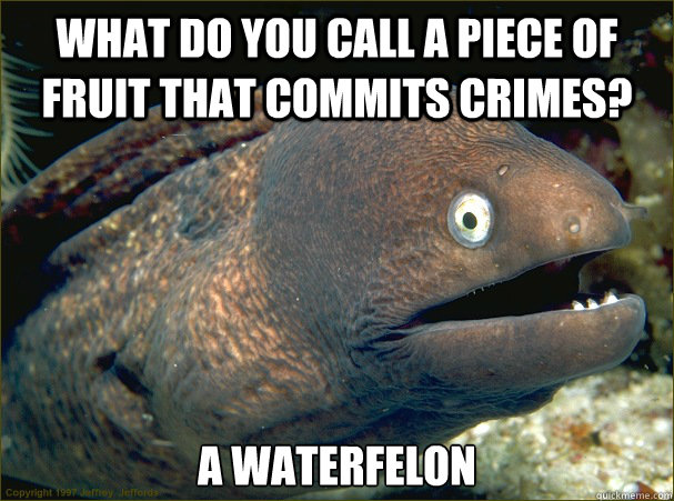 What do you call a piece of fruit that commits crimes? A waterfelon  Bad Joke Eel