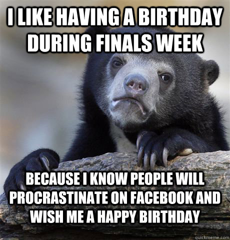 I like having a birthday during finals week because i know people will procrastinate on facebook and wish me a happy birthday - I like having a birthday during finals week because i know people will procrastinate on facebook and wish me a happy birthday  Confession Bear