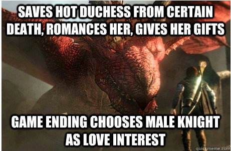 Saves hot Duchess from certain death, romances her, gives her gifts Game ending chooses male knight as love interest - Saves hot Duchess from certain death, romances her, gives her gifts Game ending chooses male knight as love interest  Scumbag Dragons Dogma