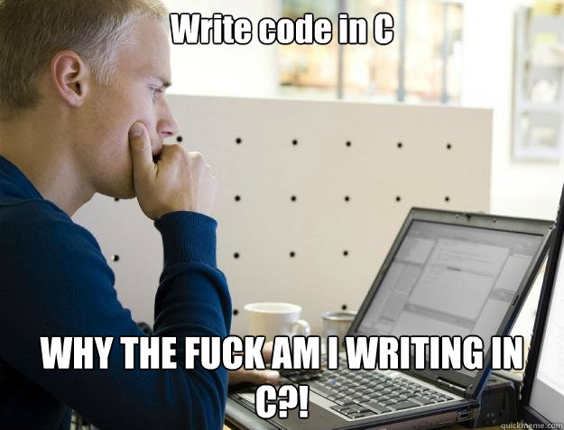 Write code in C WHY THE FUCK AM I WRITING IN C?!  Programmer