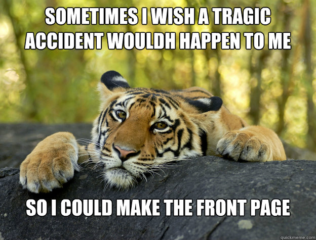 Sometimes i wish a tragic accident wouldh happen to me so i could make the front page  Confession Tiger