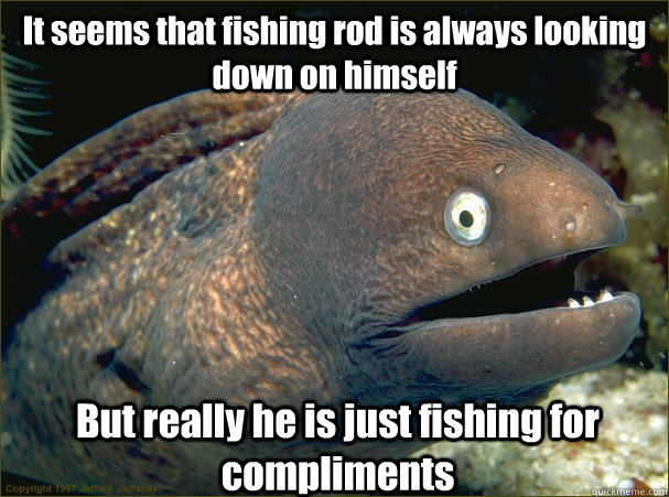 It seems that fishing rod is always looking down on himself But really he is just fishing for compliments - It seems that fishing rod is always looking down on himself But really he is just fishing for compliments  Bad Joke Eel