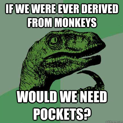 if we were ever derived from monkeys would we need pockets?  Philosoraptor